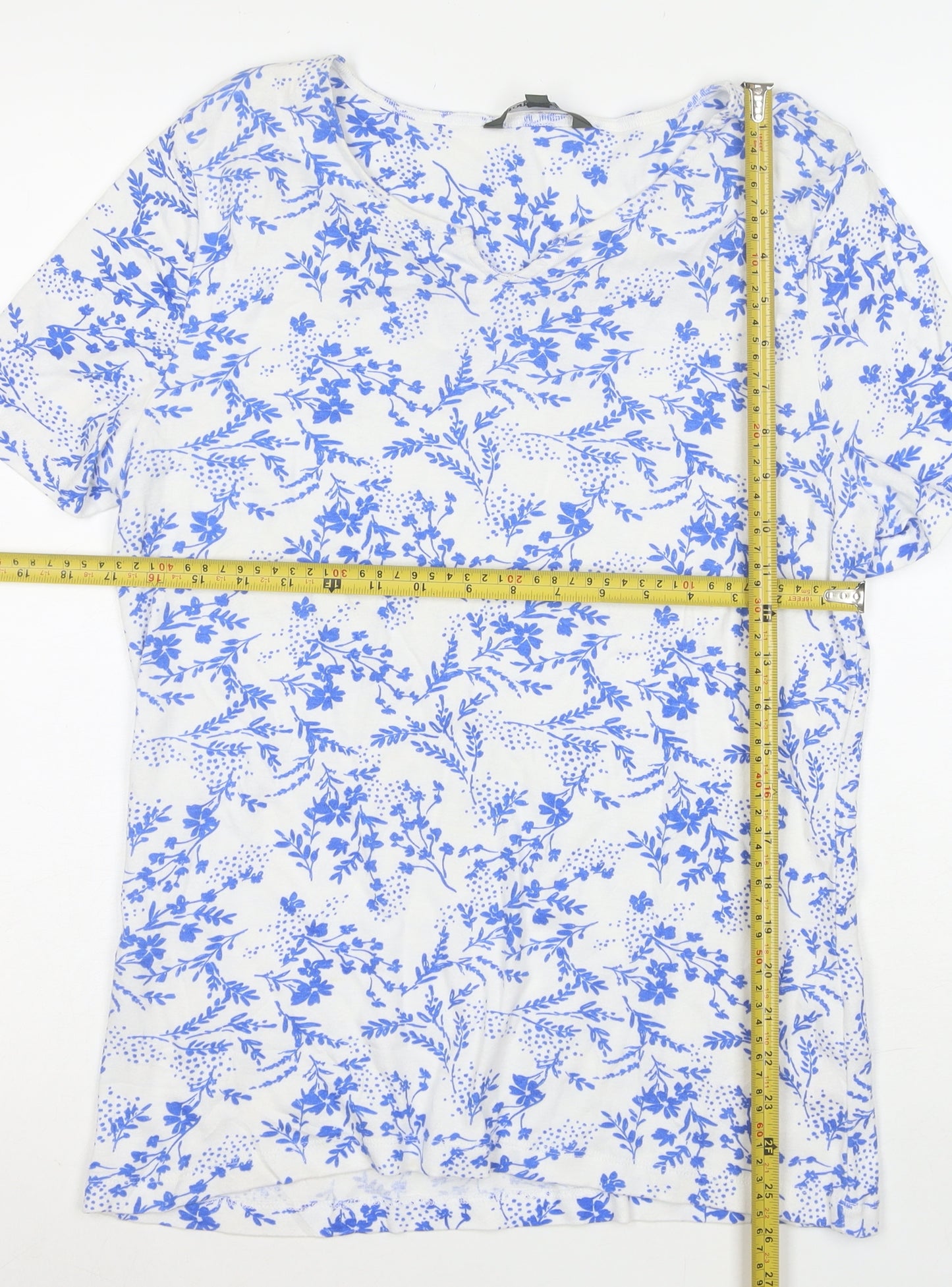 Bonmarche Women's Blue Floral Cotton V-Neck T-Shirt Size 16