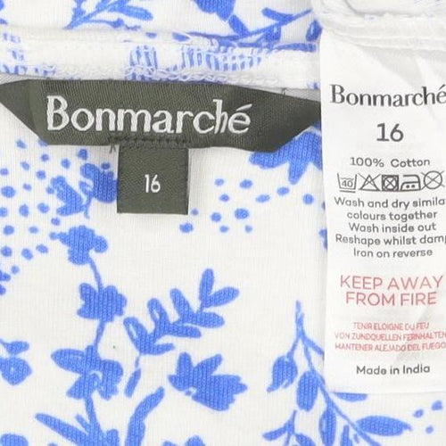 Bonmarche Women's Blue Floral Cotton V-Neck T-Shirt Size 16
