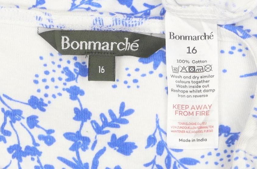 Bonmarche Women's Blue Floral Cotton V-Neck T-Shirt Size 16