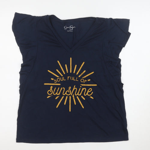 Jessica Simpson Women Blue V-Neck Quote T-Shirt Size M