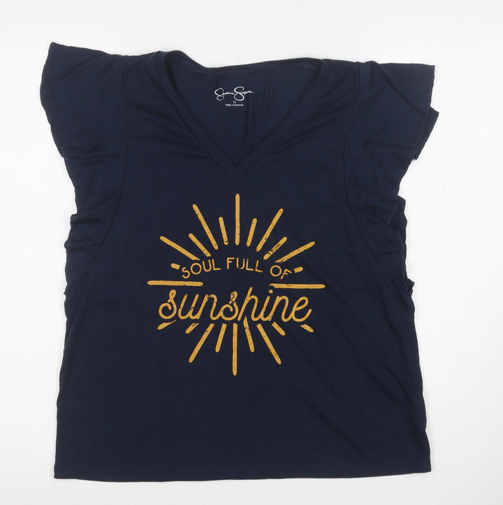 Jessica Simpson Women Blue V-Neck Quote T-Shirt Size M