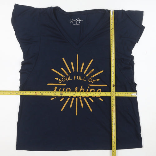Jessica Simpson Women Blue V-Neck Quote T-Shirt Size M