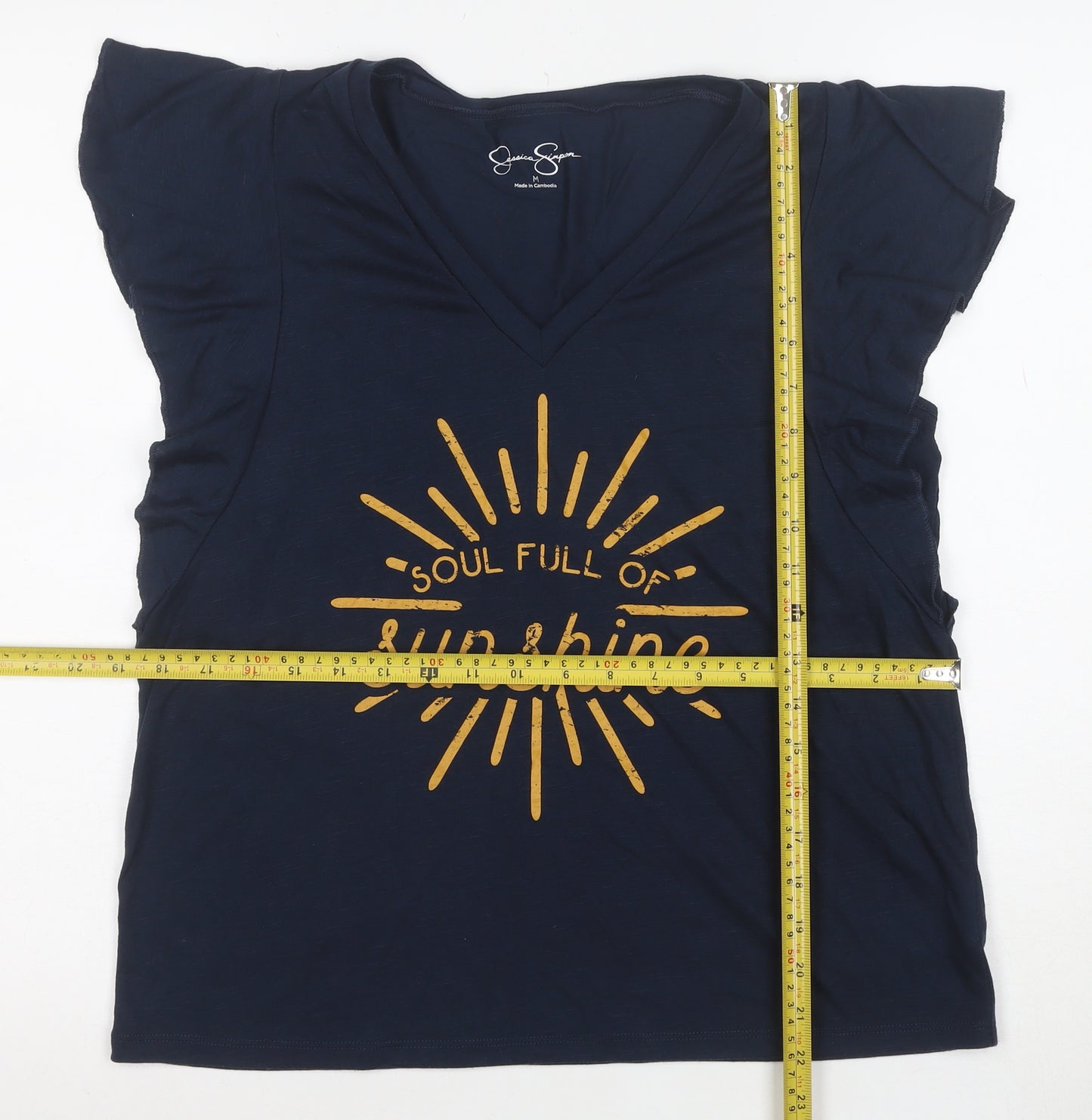 Jessica Simpson Women Blue V-Neck Quote T-Shirt Size M