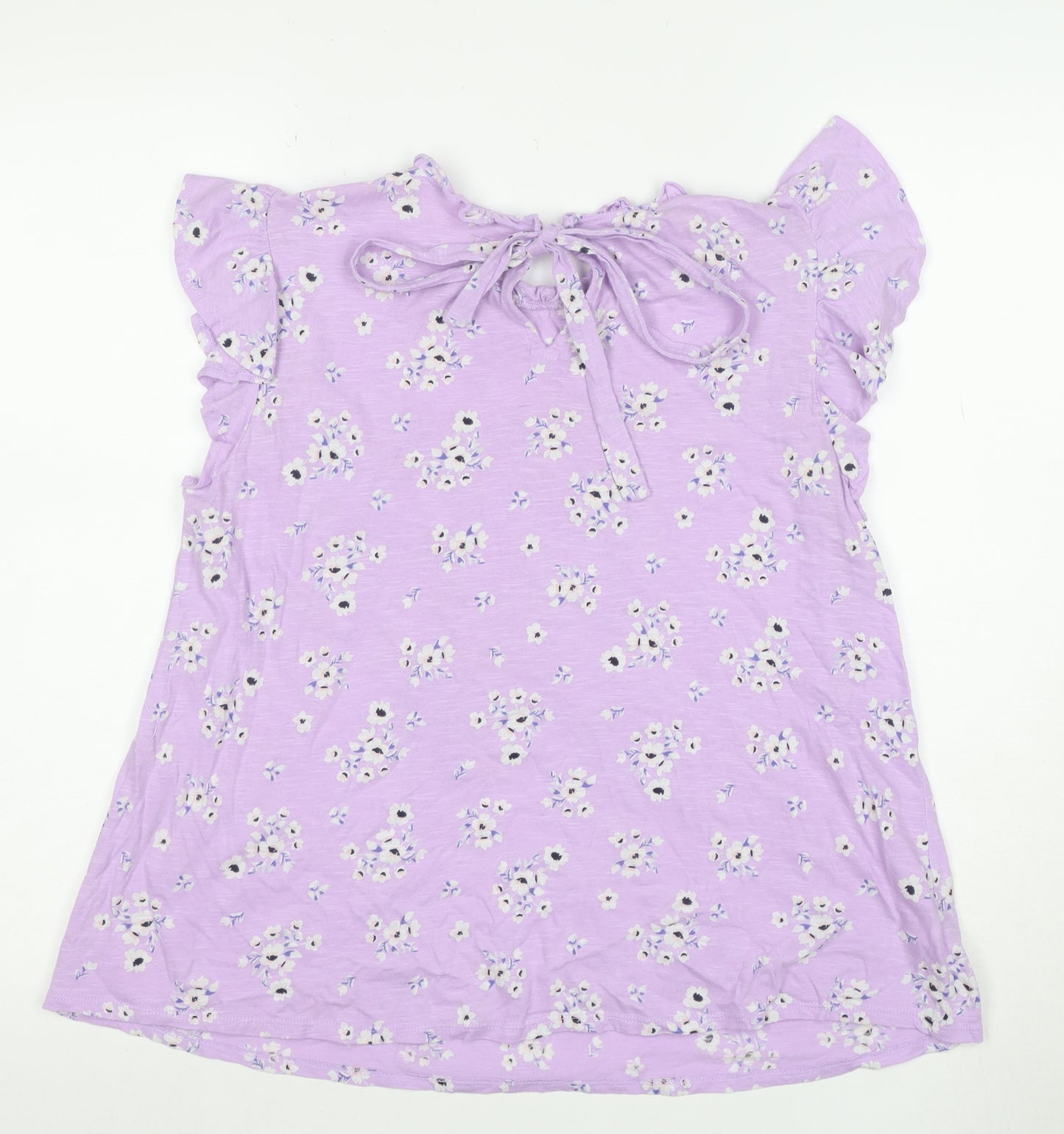 LOFT Outlet Women’s Purple Floral Ruffle Short Sleeve Cotton Tunic Blouse Size S