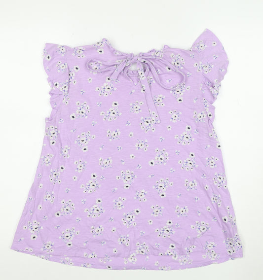 LOFT Outlet Women’s Purple Floral Ruffle Short Sleeve Cotton Tunic Blouse Size S