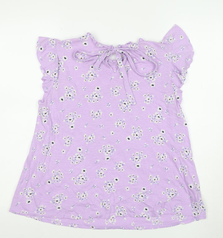 LOFT Outlet Women’s Purple Floral Ruffle Short Sleeve Cotton Tunic Blouse Size S