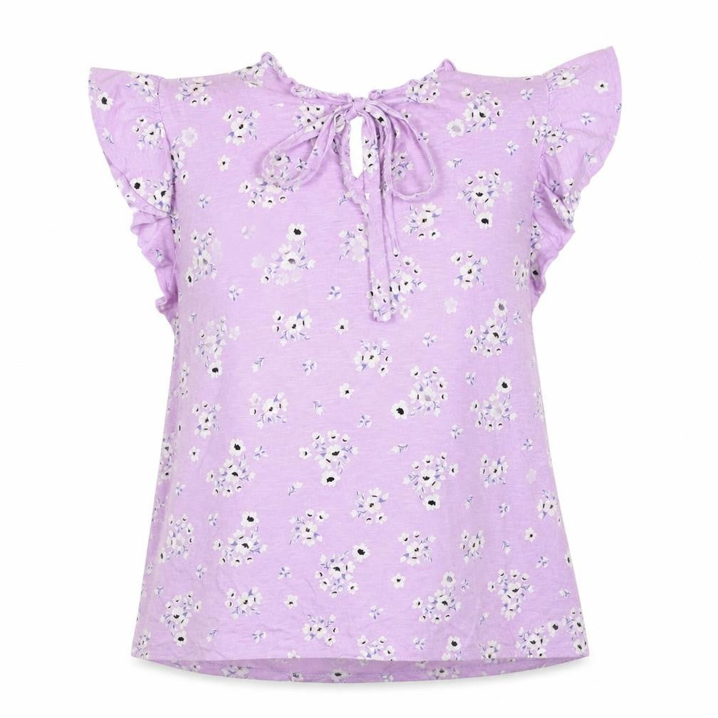 LOFT Outlet Women’s Purple Floral Ruffle Short Sleeve Cotton Tunic Blouse Size S
