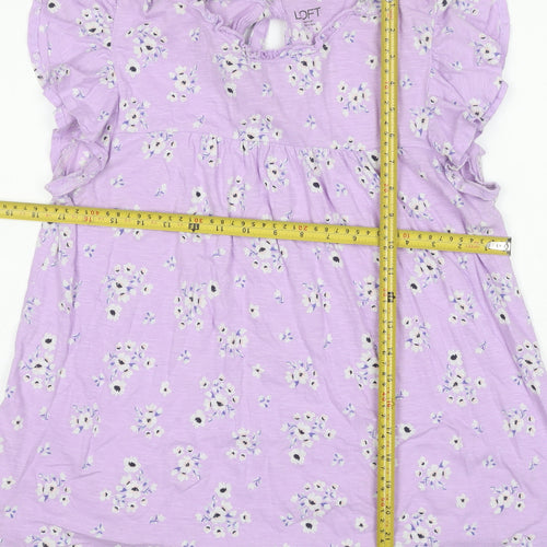 LOFT Outlet Women’s Purple Floral Ruffle Short Sleeve Cotton Tunic Blouse Size S