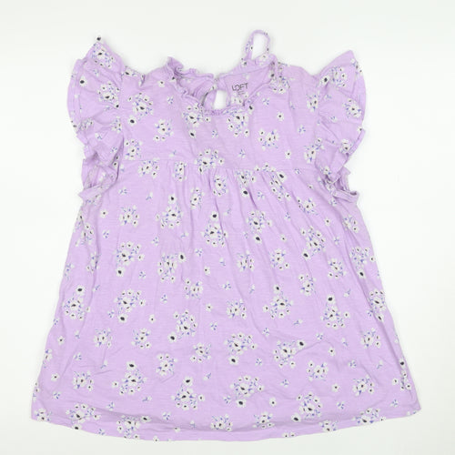 LOFT Outlet Women’s Purple Floral Ruffle Short Sleeve Cotton Tunic Blouse Size S