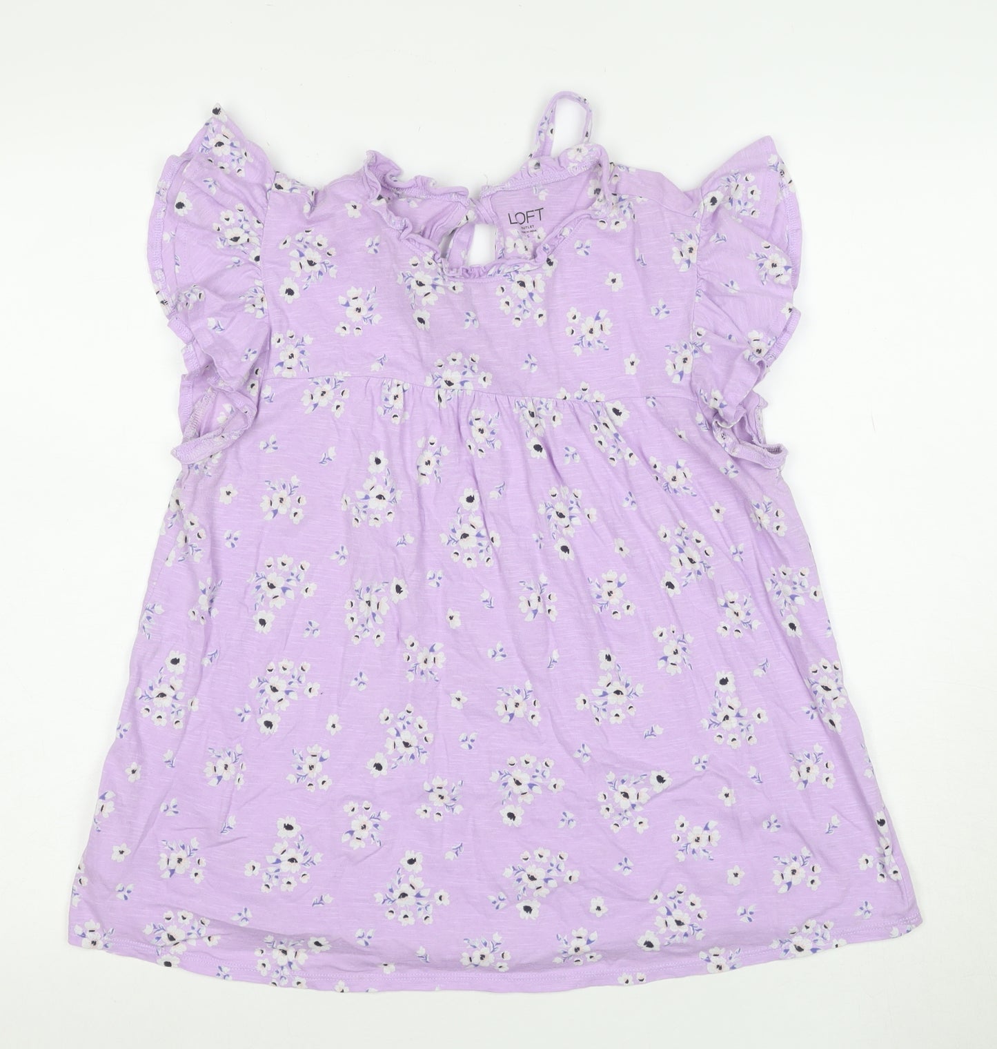 LOFT Outlet Women’s Purple Floral Ruffle Short Sleeve Cotton Tunic Blouse Size S