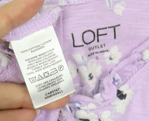 LOFT Outlet Women’s Purple Floral Ruffle Short Sleeve Cotton Tunic Blouse Size S