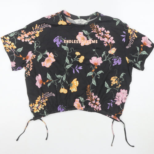H&M Girls Black Floral Cropped T-Shirt 12 Years Adjustable Hem