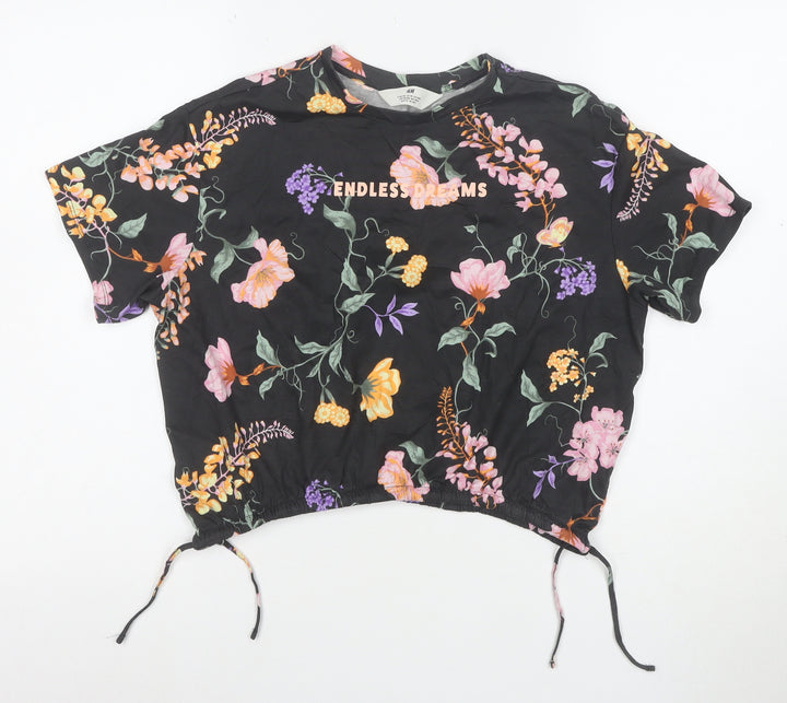 H&M Girls Black Floral Cropped T-Shirt 12 Years Adjustable Hem