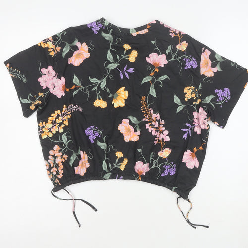 H&M Girls Black Floral Cropped T-Shirt 12 Years Adjustable Hem