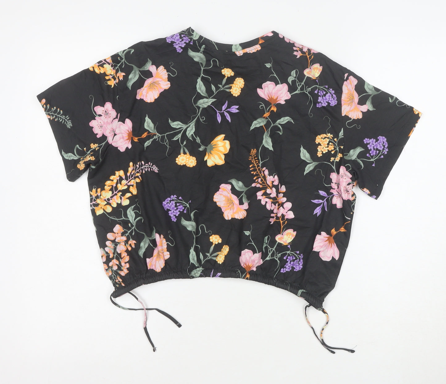 H&M Girls Black Floral Cropped T-Shirt 12 Years Adjustable Hem
