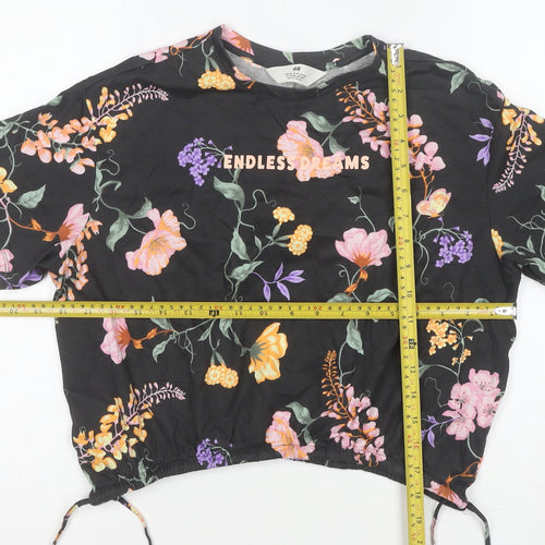H&M Girls Black Floral Cropped T-Shirt 12 Years Adjustable Hem