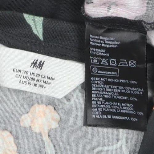 H&M Girls Black Floral Cropped T-Shirt 12 Years Adjustable Hem