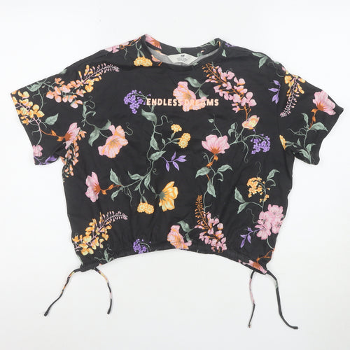 H&M Girls Black Floral Cropped T-Shirt 12 Years Adjustable Hem