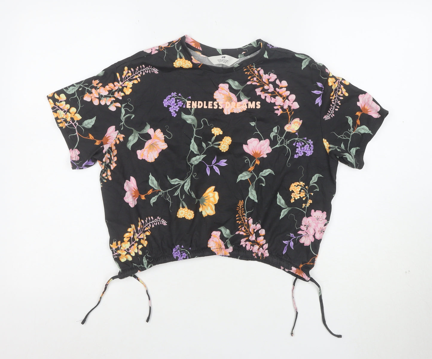 H&M Girls Black Floral Cropped T-Shirt 12 Years Adjustable Hem