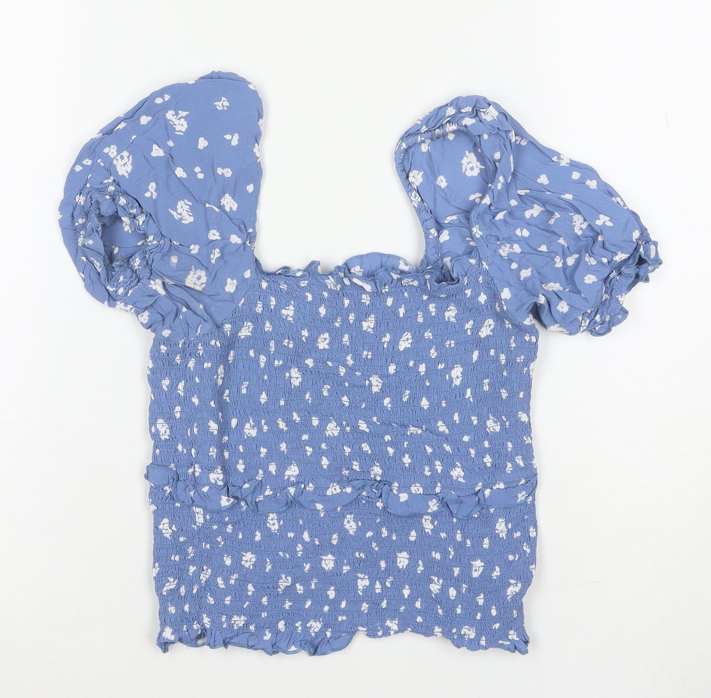 River Island Women’s Blue Floral Cropped Puff Sleeve Blouse Size 8