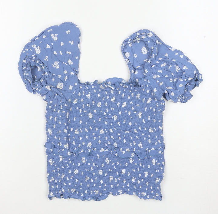 River Island Women’s Blue Floral Cropped Puff Sleeve Blouse Size 8