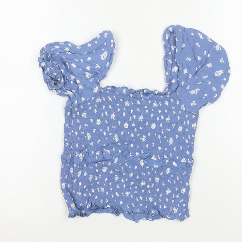 River Island Women’s Blue Floral Cropped Puff Sleeve Blouse Size 8