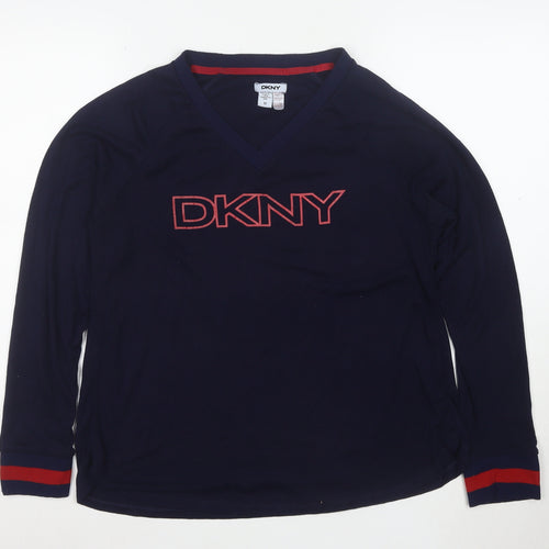 DKNY Women's Blue V-Neck Logo Pullover Jumper Size M