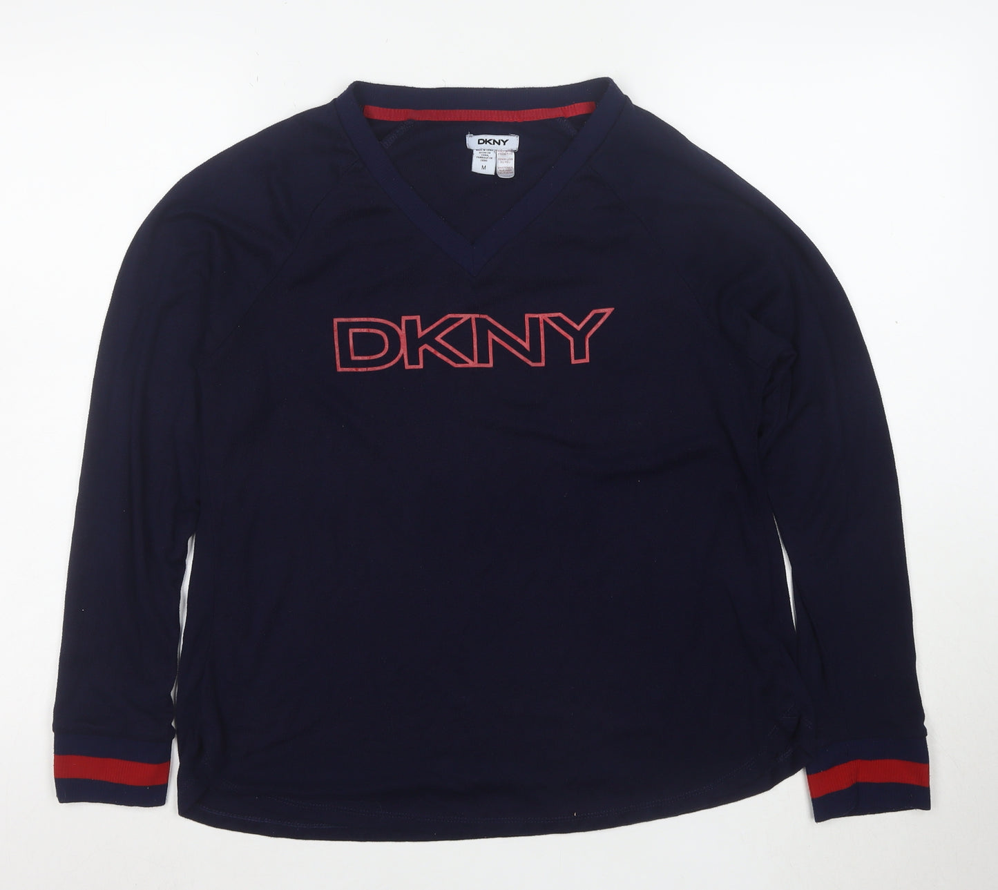 DKNY Women's Blue V-Neck Logo Pullover Jumper Size M