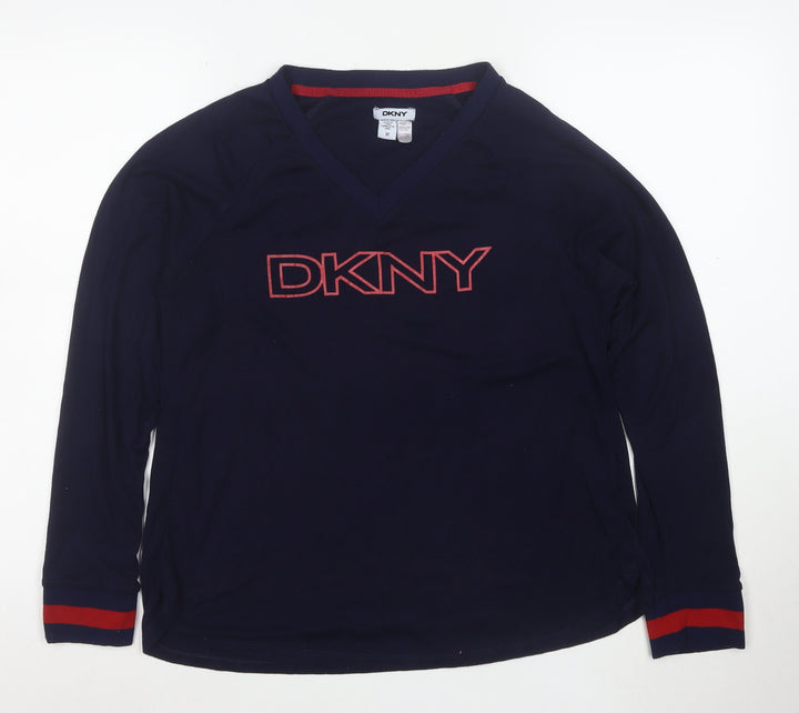 DKNY Women's Blue V-Neck Logo Pullover Jumper Size M