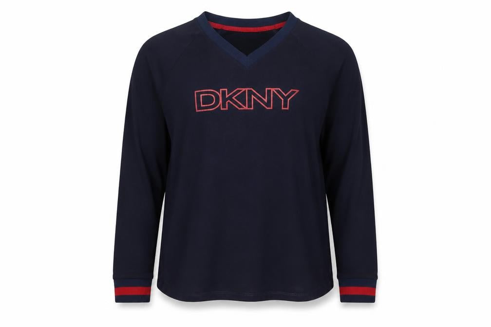 Front view of DKNY Women's Blue V-Neck Logo jumper, size M