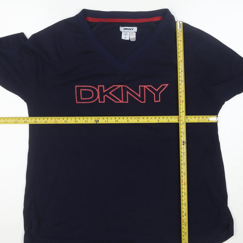 DKNY Women's Blue V-Neck Logo Pullover Jumper Size M