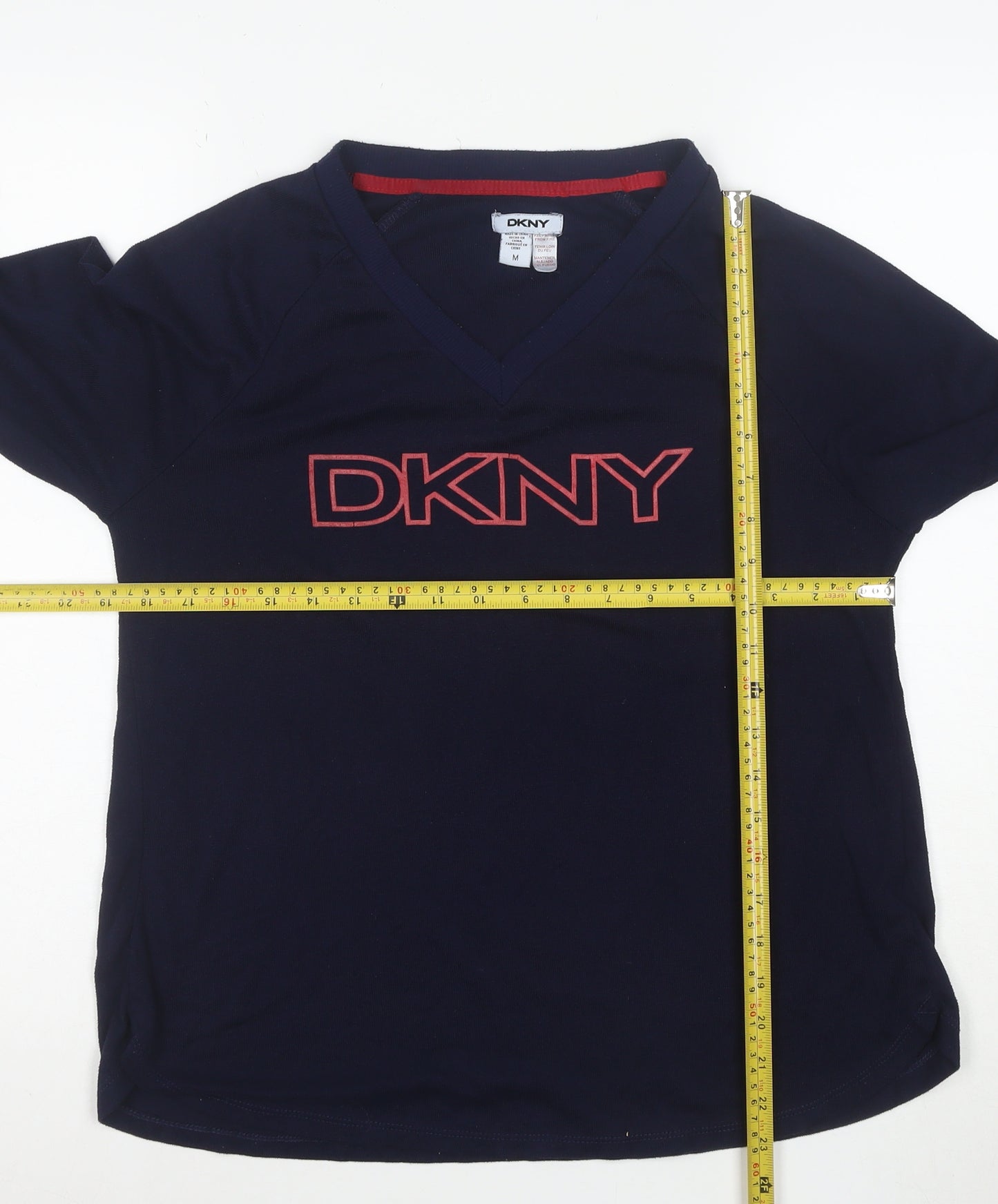 DKNY Women's Blue V-Neck Logo Pullover Jumper Size M