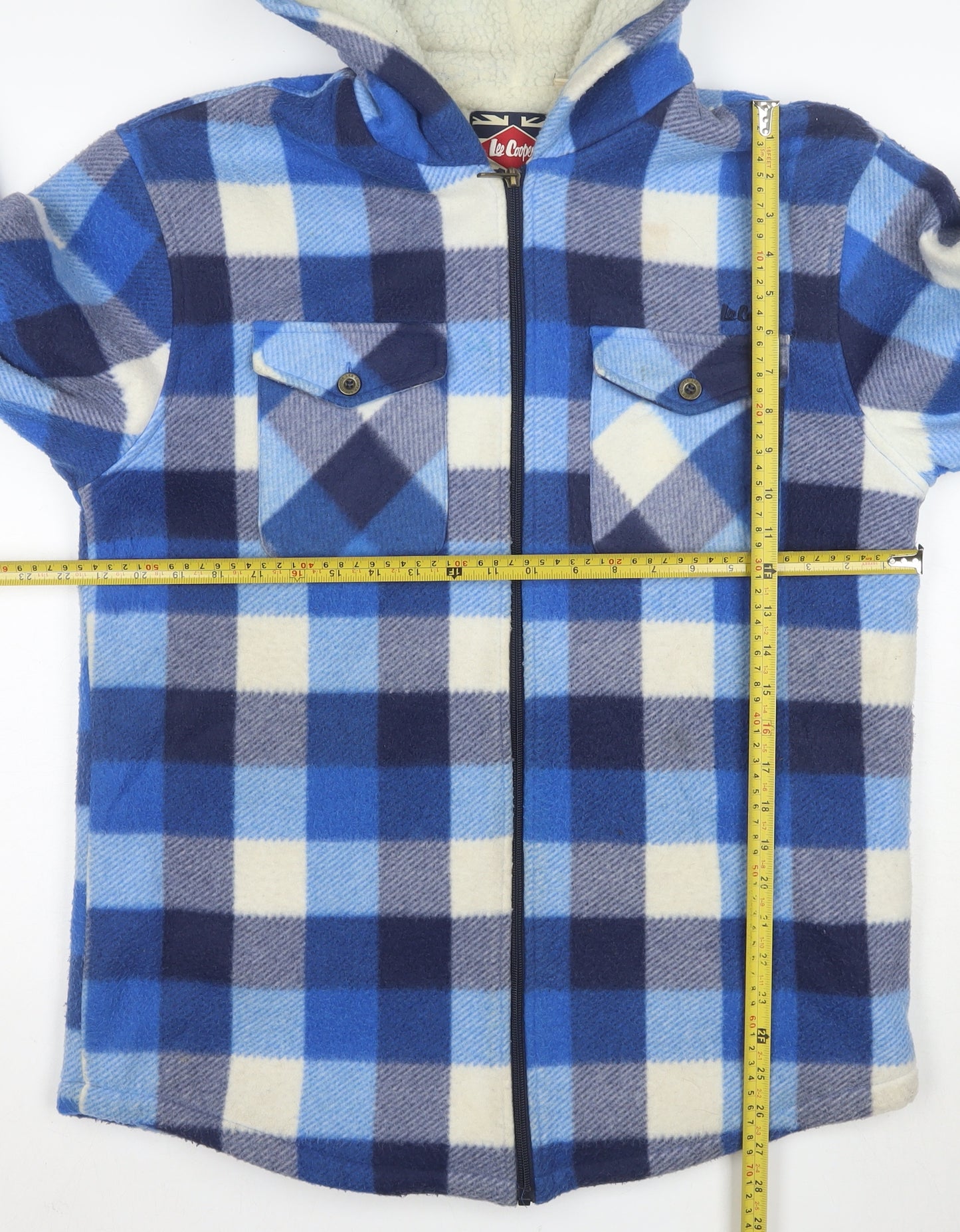Lee Cooper Men's Blue Check Fleece Hooded Jacket Size M