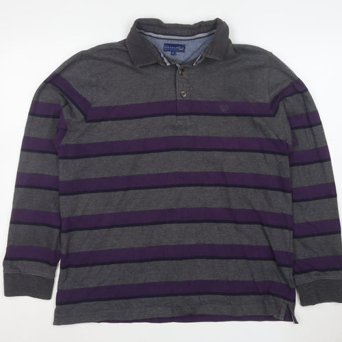 Lincoln Men’s Grey and Purple Striped Long Sleeve Polo Large