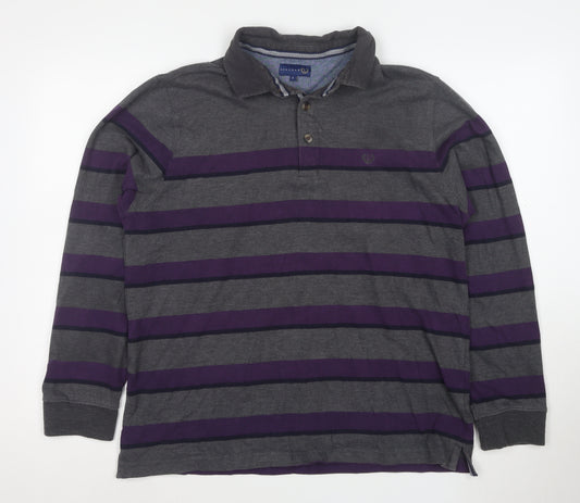 Lincoln Men’s Grey and Purple Striped Long Sleeve Polo Large