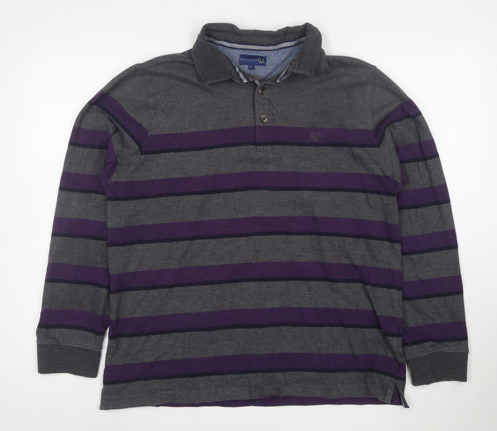 Lincoln Men’s Grey and Purple Striped Long Sleeve Polo Large