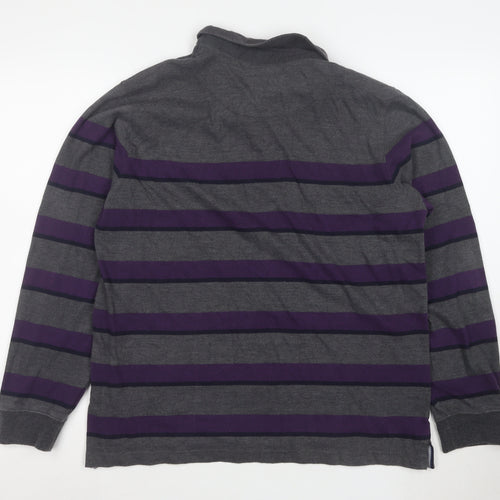 Lincoln Men’s Grey and Purple Striped Long Sleeve Polo Large
