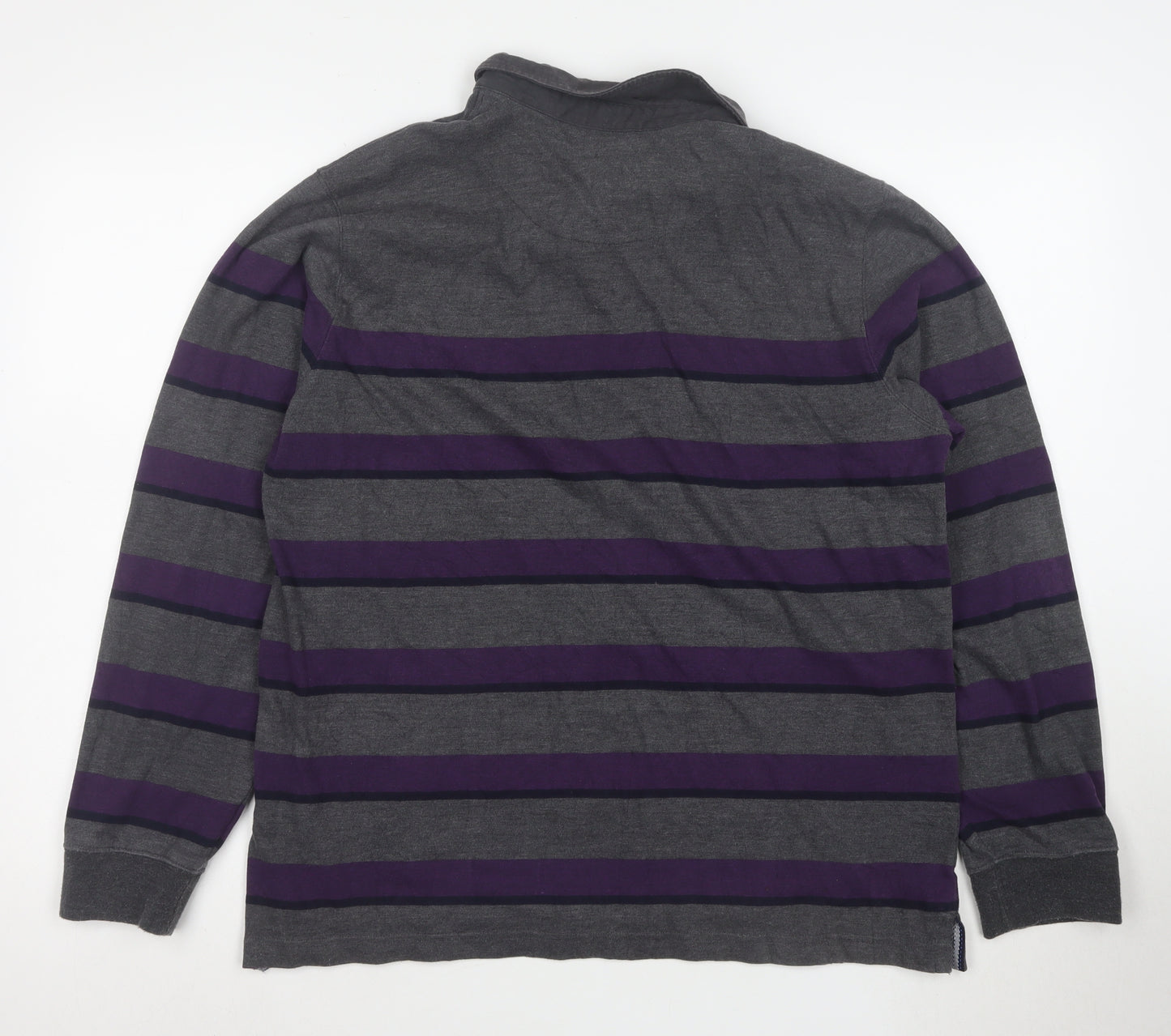 Lincoln Men’s Grey and Purple Striped Long Sleeve Polo Large