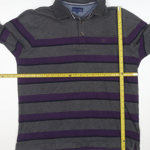 Lincoln Men’s Grey and Purple Striped Long Sleeve Polo Large