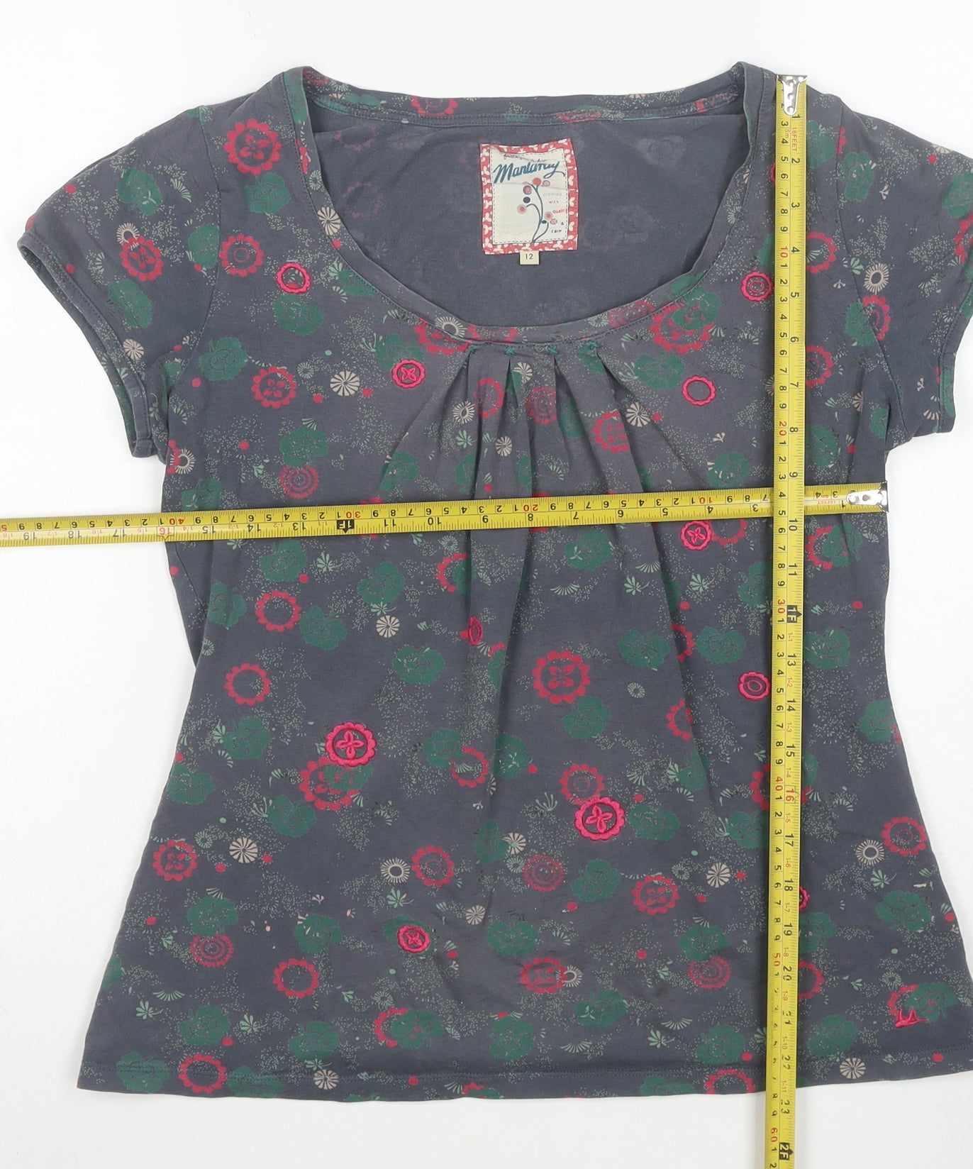 Mantaray Womens Grey Floral Cotton Scoop Neck T-Shirt Size 12