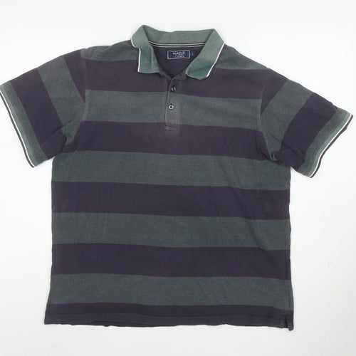 Maine New England Mens Blue Green Striped Polo Shirt L Cotton Classic Fit
