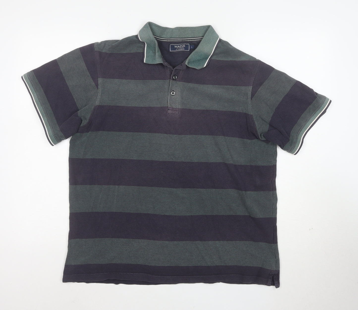 Maine New England Mens Blue Green Striped Polo Shirt L Cotton Classic Fit