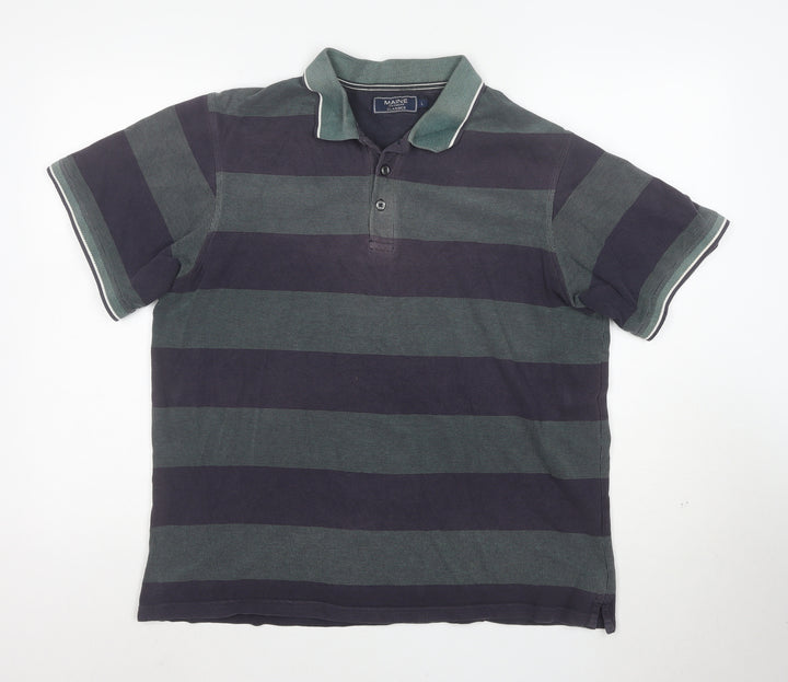 Maine New England Mens Blue Green Striped Polo Shirt L Cotton Classic Fit