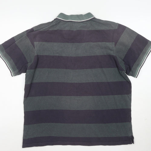 Maine New England Mens Blue Green Striped Polo Shirt L Cotton Classic Fit