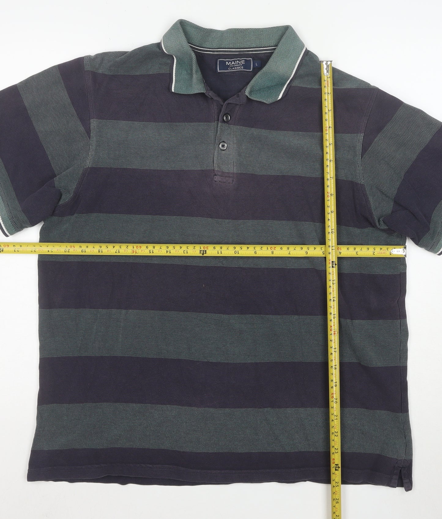 Maine New England Mens Blue Green Striped Polo Shirt L Cotton Classic Fit