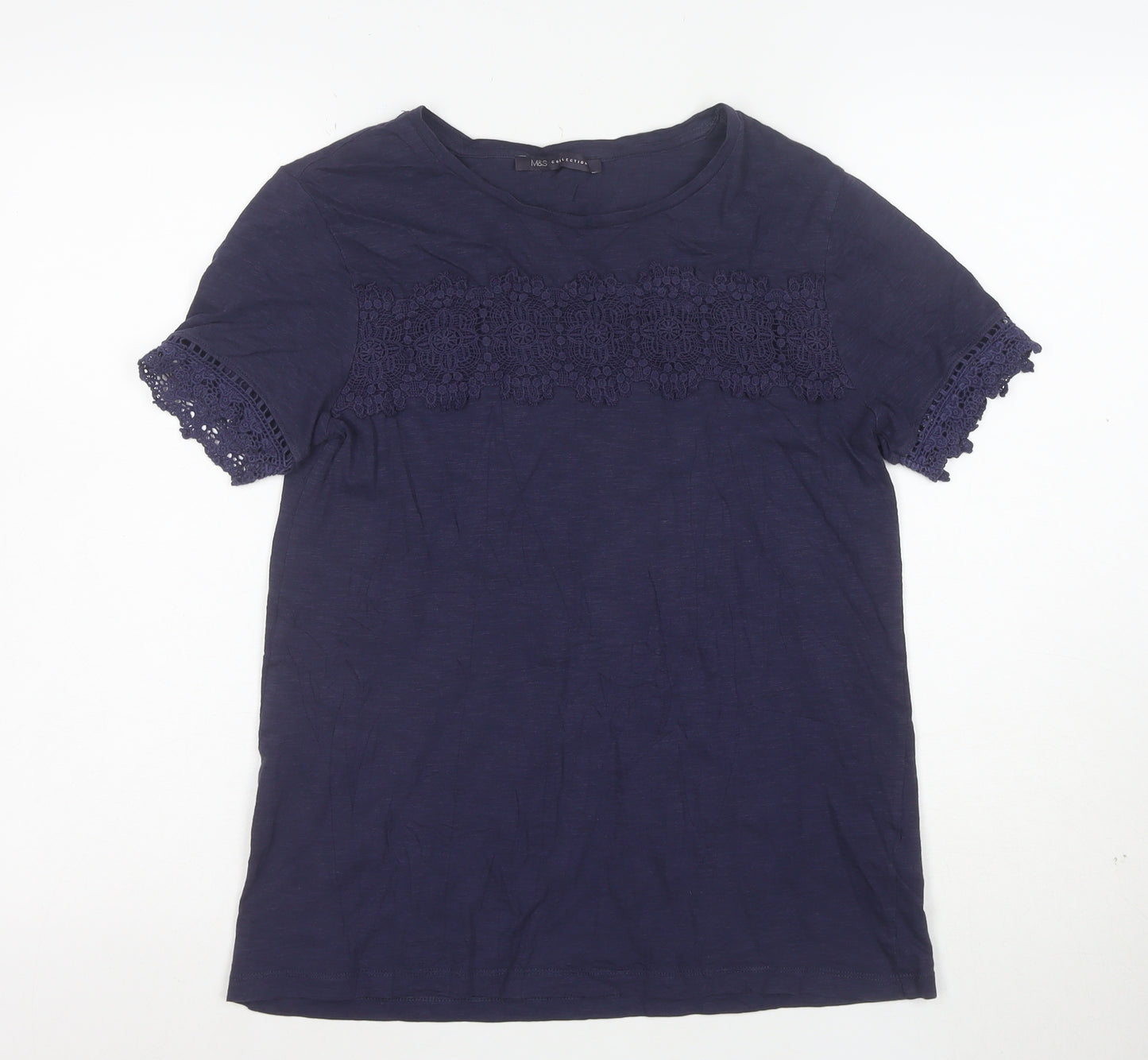 Marks and Spencer Womens Blue Crochet Trim Cotton T-Shirt Size 8