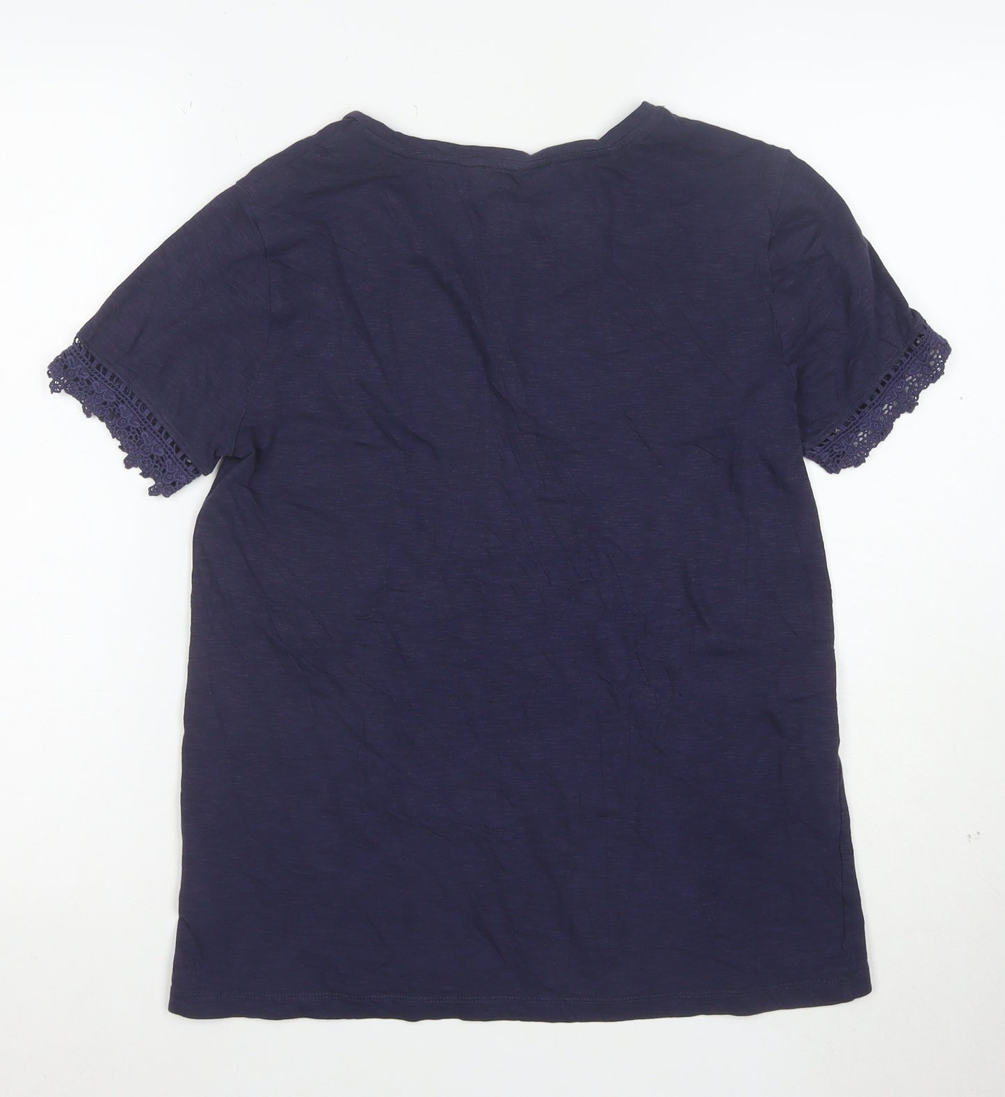 Marks and Spencer Womens Blue Crochet Trim Cotton T-Shirt Size 8