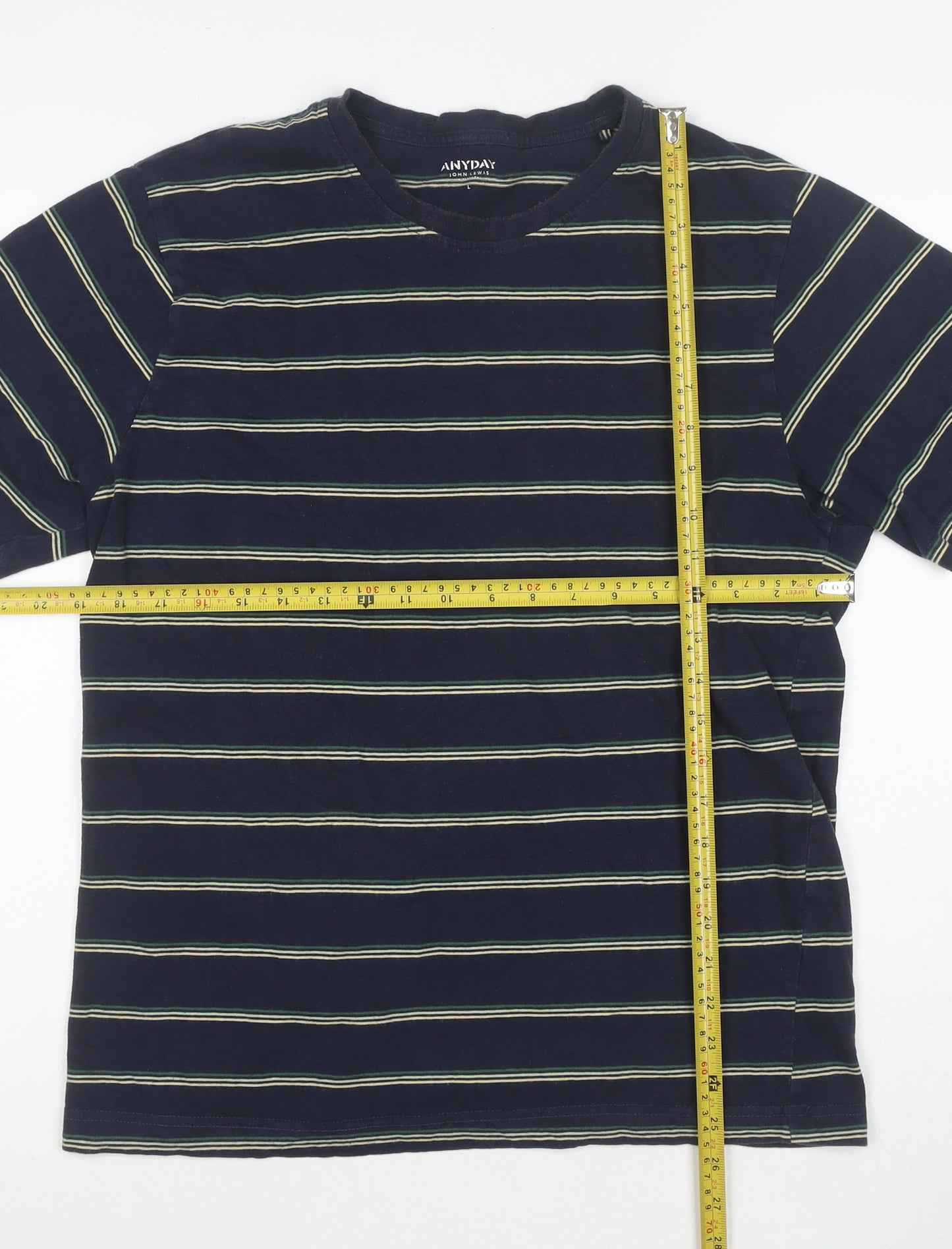 John Lewis ANYDAY Men's Blue Striped Cotton T-Shirt Size L