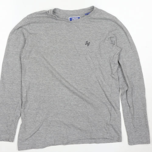 Jack & Jones Men's Grey Long Sleeve Crew Neck Cotton T-Shirt L