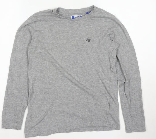 Jack & Jones Men's Grey Long Sleeve Crew Neck Cotton T-Shirt L